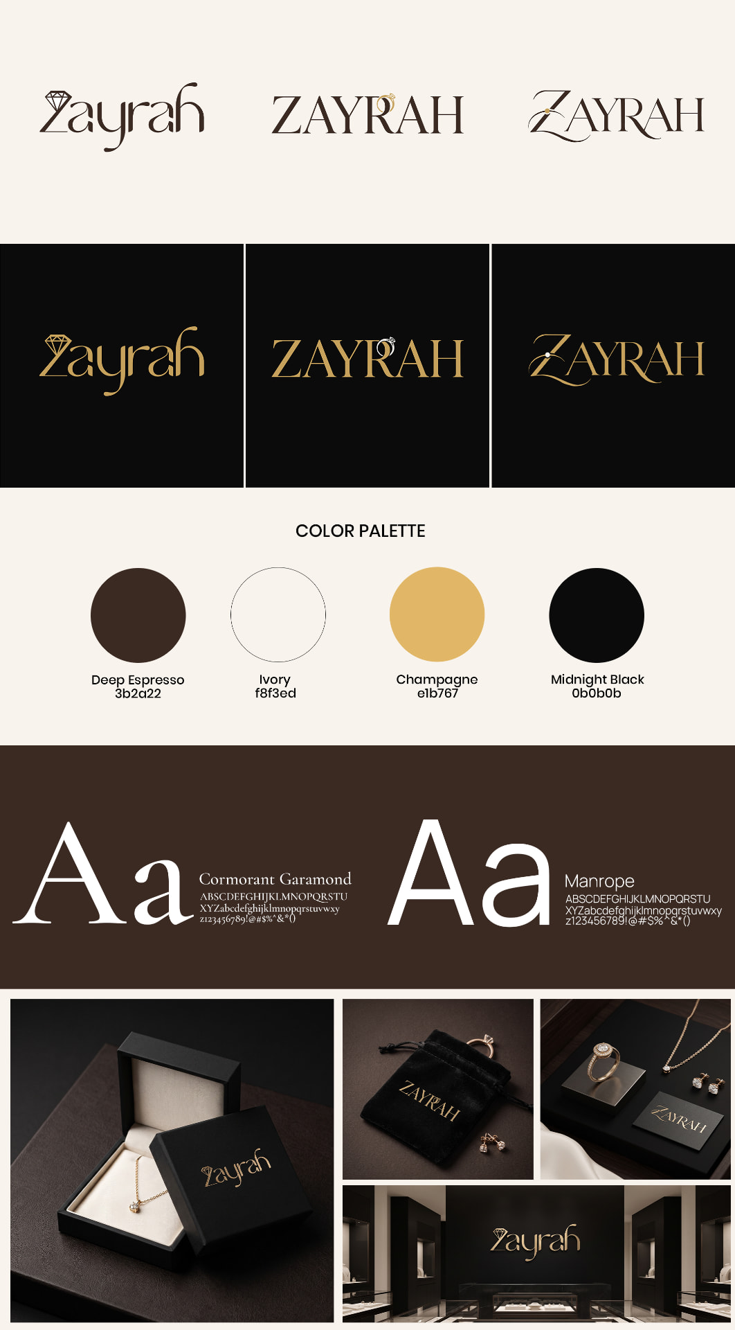Zayrah jewelry brand identity presentation with logo variations, color palette, typography and applications