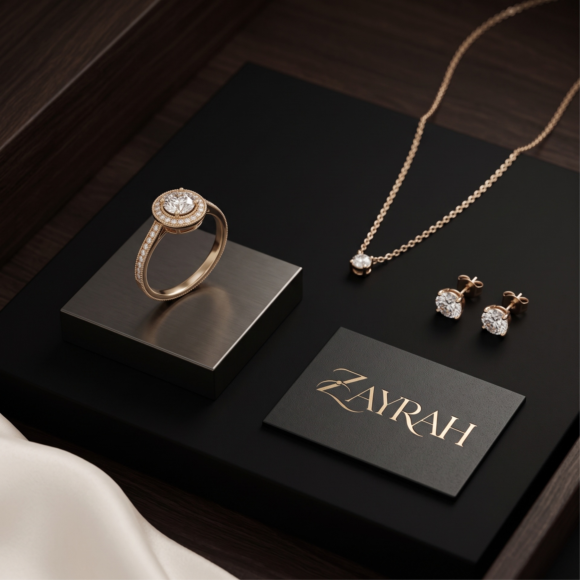 Zayrah jewelry brand identity — product set with gold logo