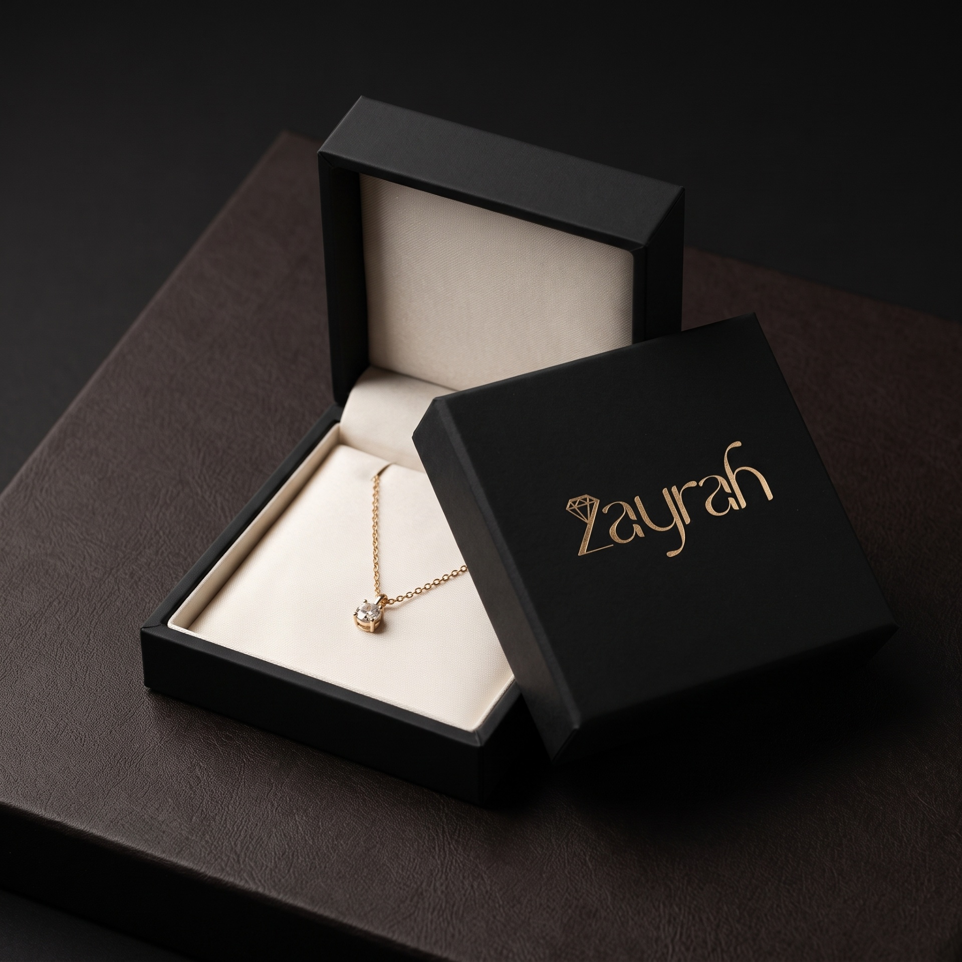 Zayrah necklace box with gold foil branding