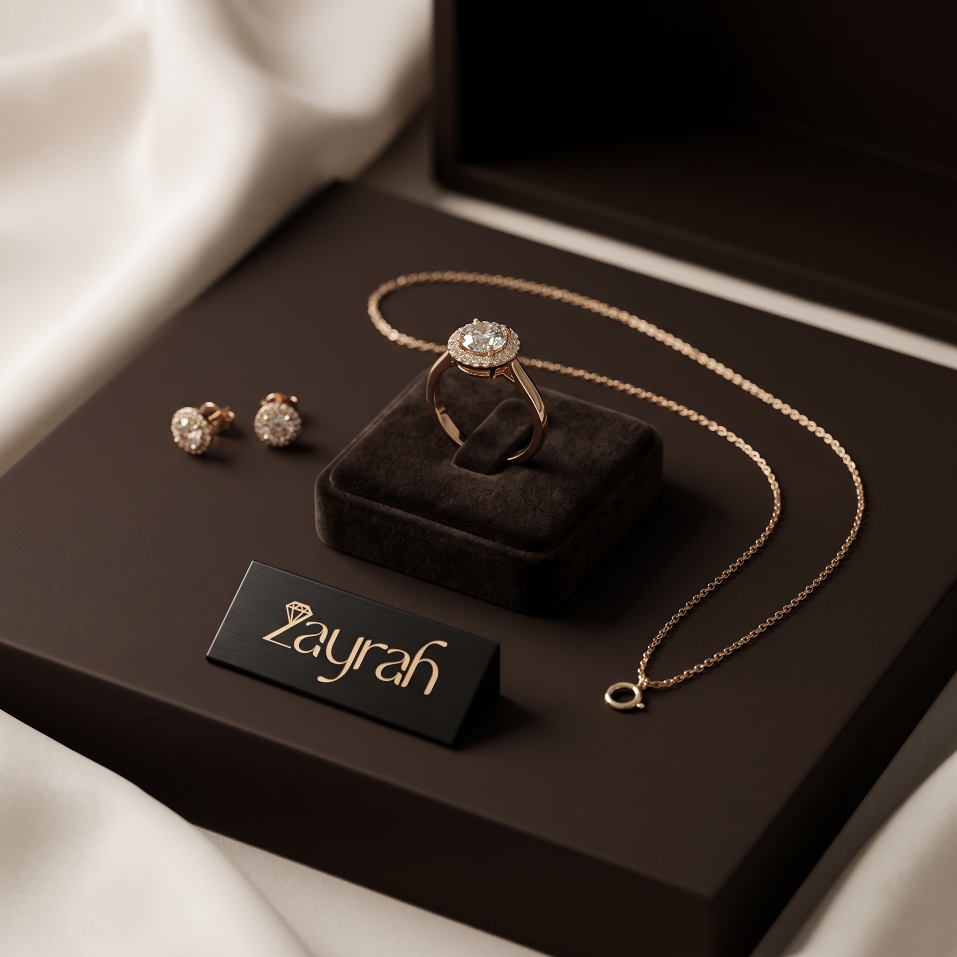 Zayrah jewelry packaging — branded ring box with necklace