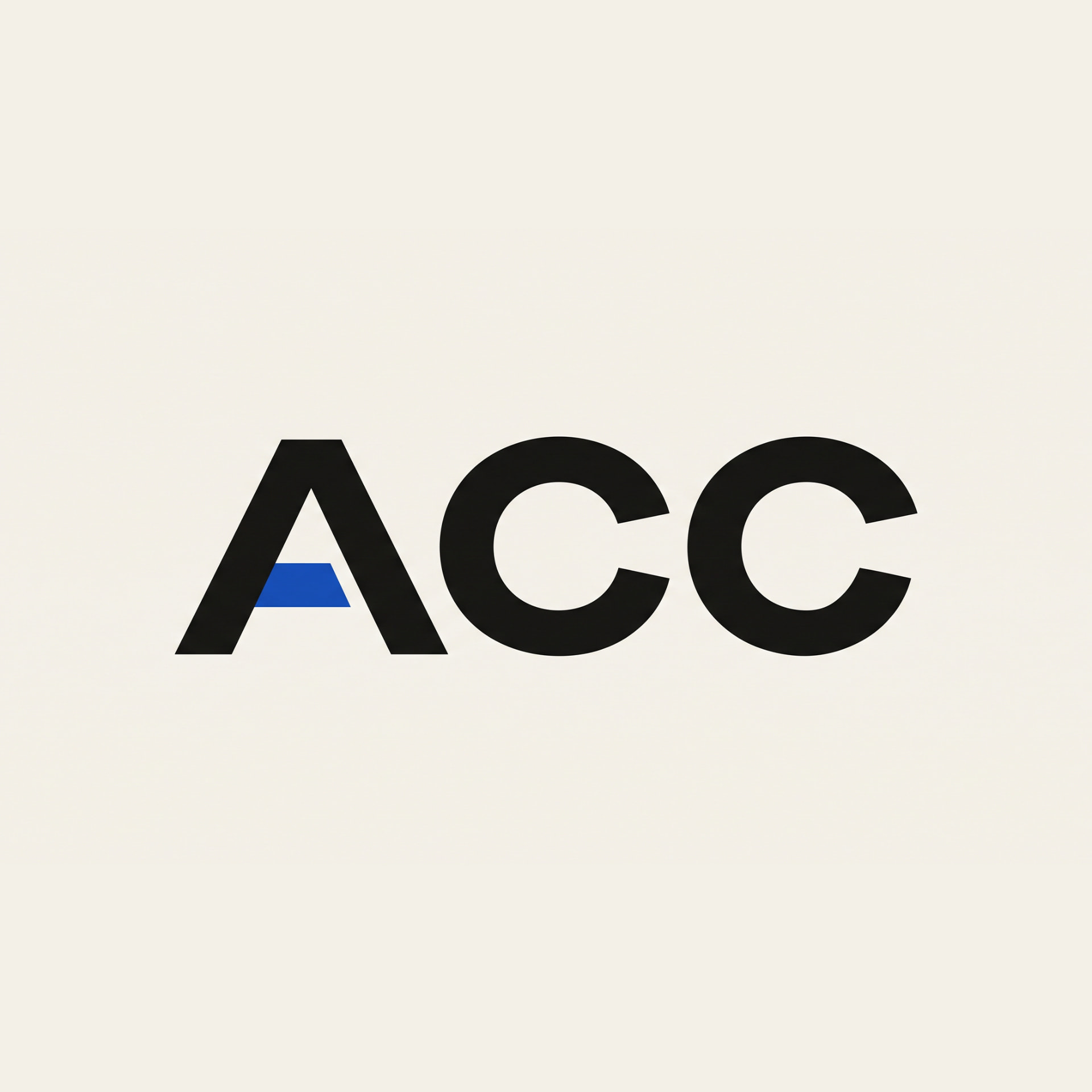 ACC black lettermark logo with blue geometric accent