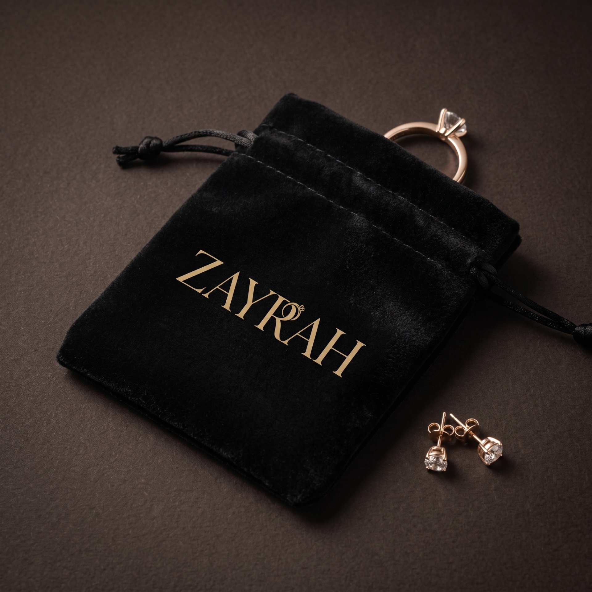 Zayrah jewelry pouch with gold foil logo and earrings